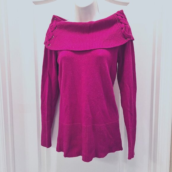 Cache Women's Fuchsia/Gold Shrug Off Shoulder Rabbit Hair Mix Sweater-Size Med - Picture 2 of 14